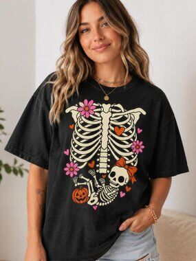 Skeleton Halloween Maternity Shirt, Pregnancy Announcement Tee